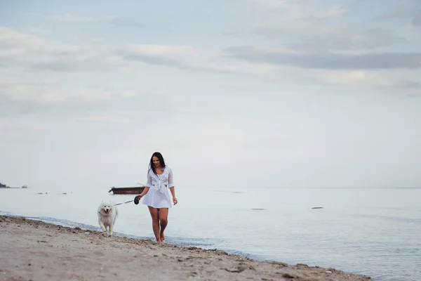 Köpeğiyle Sahilde Deniz Kenarında Yürüyen Genç Güzel Kadın — Stok fotoğraf