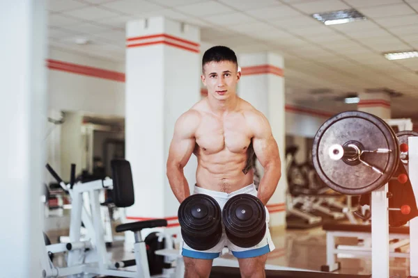 Portrait of a beautiful athletic guy muscles with weights in the gym. Sport. Fitness