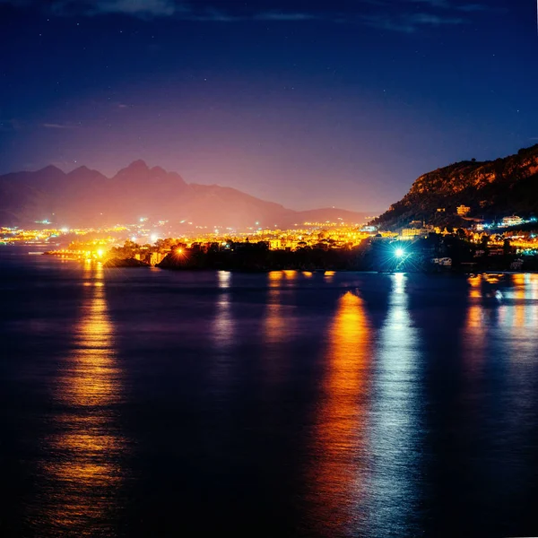 Sahilde Şehir Ile Bir Gece Sicilya Talya Europe — Stok fotoğraf