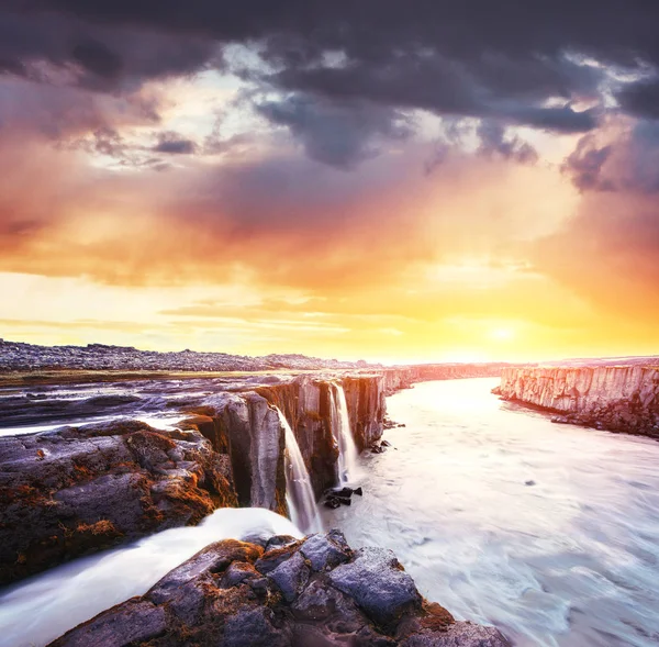 Fantastic Views Selfoss Waterfall National Park Vatnajokull Mysterious Mystical Sunset — Stock Photo, Image