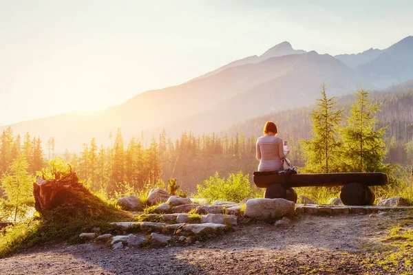 Woman Bench Sunset Carpathian Ukraine Europe — Stock Photo, Image