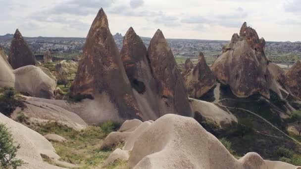 Fungous forms of sandstone in the canyon near Cavusin village, Cappadocia, Nevsehir Province in the Central Anatolia Region of Turkey — Stock Video