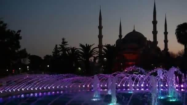 Osvětlené mešita Sultan Ahmed mešita modrá před východem slunce, pohled na večerní fontány. Istanbul, Turecko — Stock video