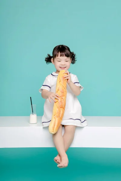 Little Pretty Asian Girl Laughing Portrait Milk Bread Healthy Happy — Stock Photo, Image