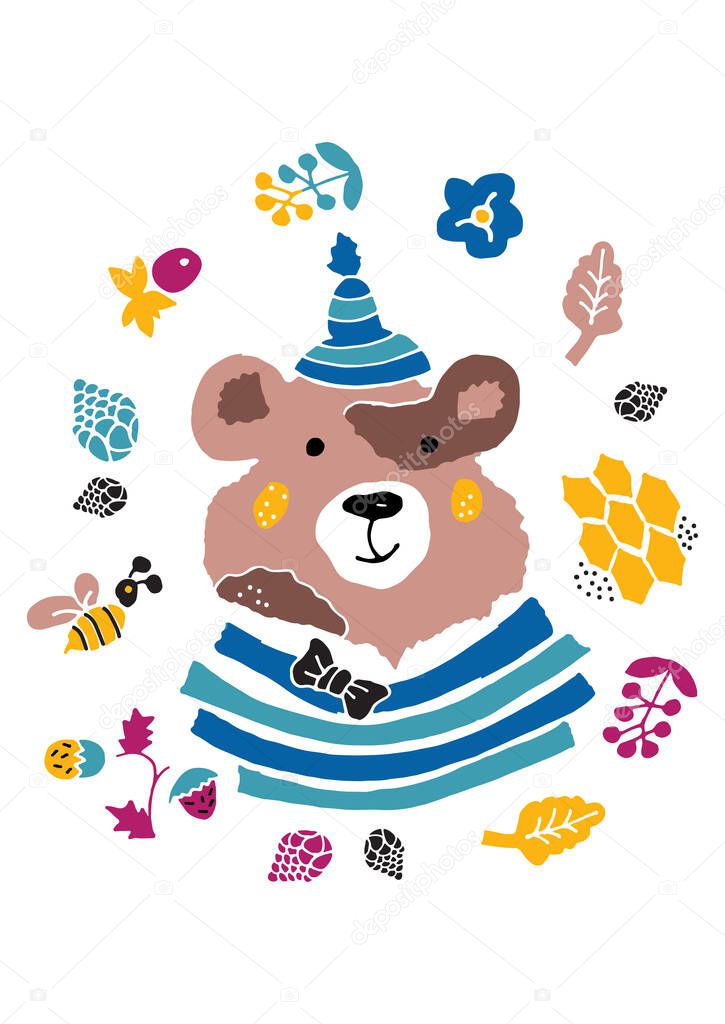 Cute forest bear in cartoon style. The idea of a print for childrens clothing and baby supplies. Vector illustration.