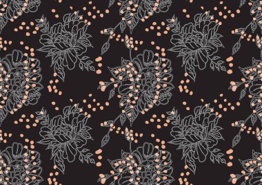 Çiçek arkaplan. Beyaz güllerle kusursuz desen. Bitki teması. Vektör çizimi. Kumaşta baskı varyasyonu.