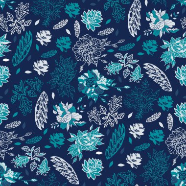 Doodle tarzı çiçek arkaplanı. Kusursuz desen. Arkaplanda güller, taç yaprakları, yapraklar ve mavi tonlarda çiçek tomurcukları. Kumaş ve kartpostallar için baskı fikri.