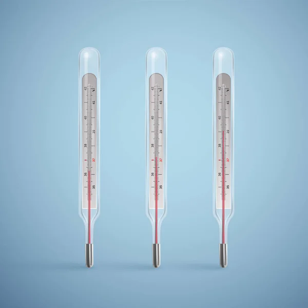 मानव शरीर के तापमान को मापने के लिए यथार्थवादी ग्लास थर्मामीटर। प्रकाश पृष्ठभूमि पर थर्मामीटर चिकित्सा। वेक्टर, ईपीएस 10 चित्र . — स्टॉक वेक्टर