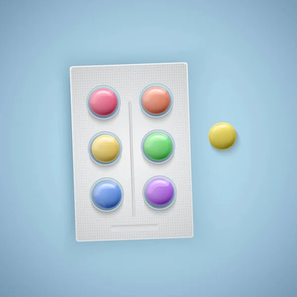 Comprimés colorés aux couleurs de l'arc-en-ciel, pilules vectorielles de vitamines pour enfants, produits médicaux — Image vectorielle