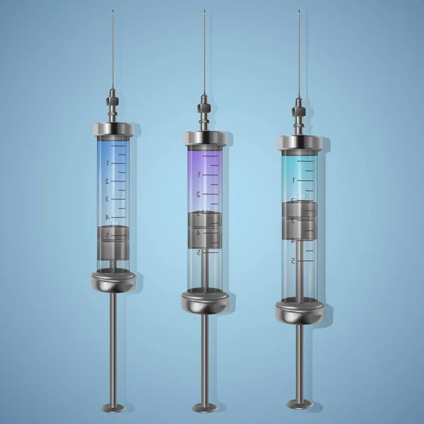 Realistic syringe with liquid on light background, iron syringe, vector illustration — Stock Vector