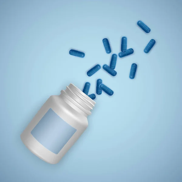 Realistische weiße Flasche mit Pillen. Medizinische Kapselbehälter mit Kapseln, Tabletten. 3D-Vektor eps 10 Abbildung — Stockvektor
