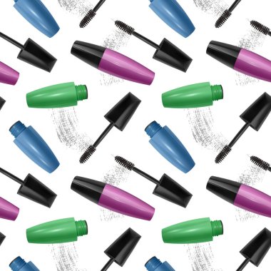 Vektör gerçekçi 3d maskara ile seamless modeli, beyaz arka plan üzerinde fırça ve maskara doku