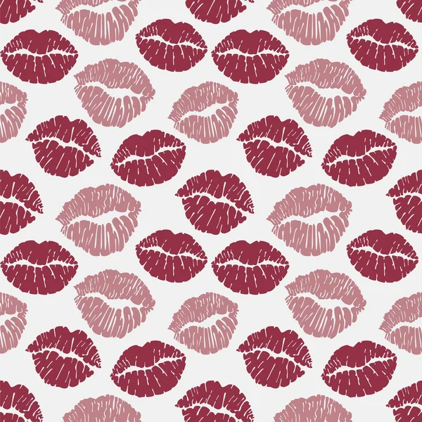 Nahtloses Muster mit Lippenabdrücken, rote Lippen auf weißem Hintergrund. Vektorillustration — Stockvektor