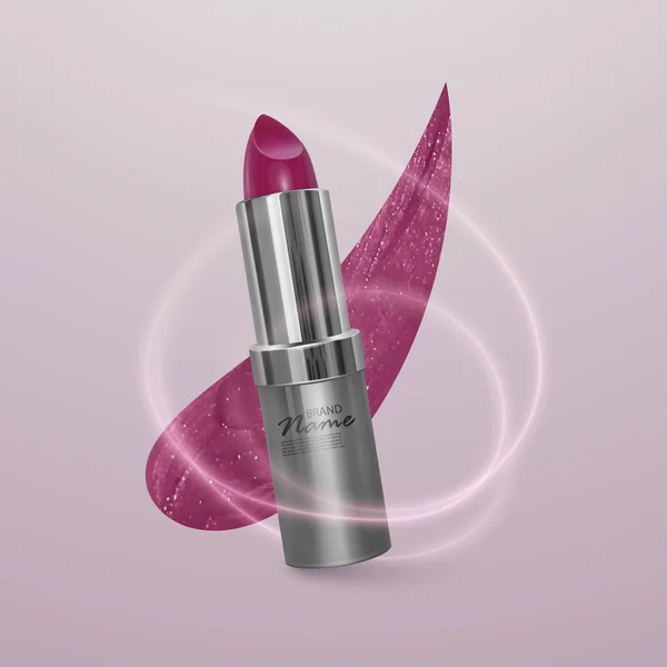 Lápiz labial realista de color cereza brillante con trazo de lápiz labial. Ilustración 3d, diseño cosmético de moda para publicidad . — Vector de stock