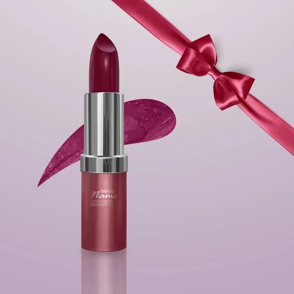 現実的な弓で桜色の現実的な口紅。3 d イラスト、広告のトレンディな化粧品の設計 — ストックベクタ