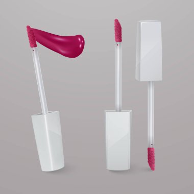 Gerçekçi, parlak pembe sıvı rujla kontur ruj. 3D çizim, modaya uygun bir kozmetik tasarım reklam için