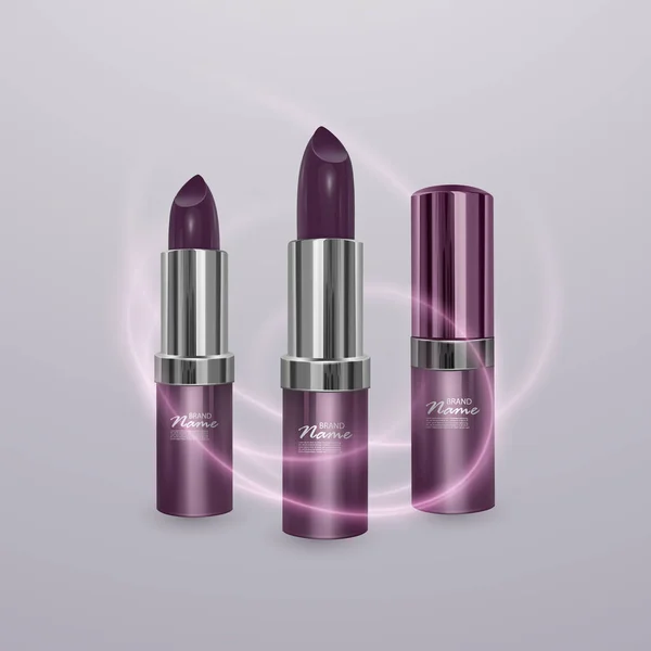 Lápiz labial realista de color cereza oscuro con trazo de lápiz labial. Ilustración 3d, diseño cosmético de moda para publicidad . — Vector de stock