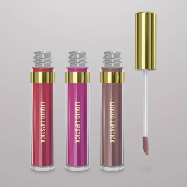 Conjunto de lápiz labial líquido realista. Ilustración 3d, diseño cosmético de moda para publicidad — Vector de stock