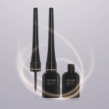 Sıvı eyeliner hazır, göz kalemi ürün mockup 3d illüstrasyon izole açık renkli, kozmetik kullanmak için. Vektör çizim