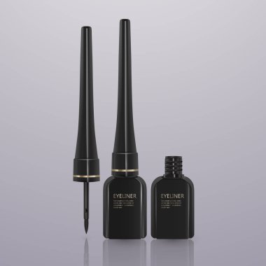 Sıvı eyeliner hazır, göz kalemi ürün mockup 3d illüstrasyon izole açık renkli, kozmetik kullanmak için. Vektör çizim