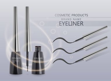 Sıvı eyeliner hazır, göz kalemi ürün mockup 3d illüstrasyon izole açık renkli, kozmetik kullanmak için. Vektör çizim