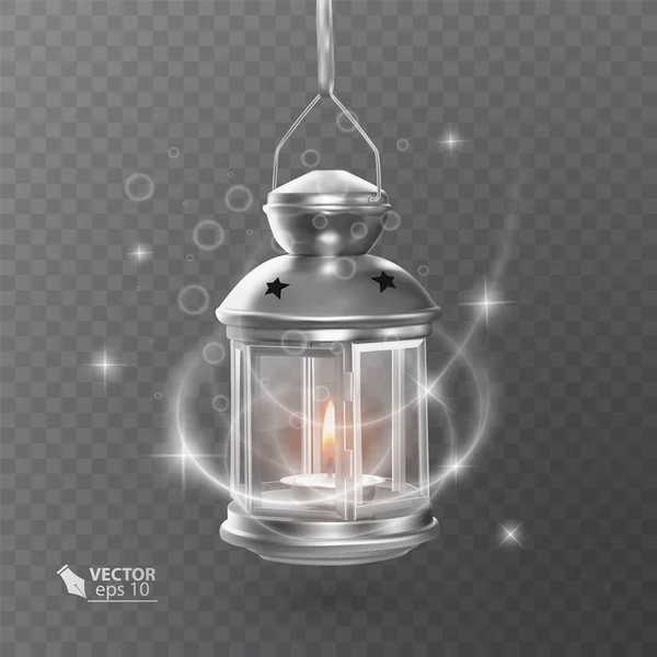 Vintage luminous lantern of white color, with lighting, shining effects, Isolated on transparent background. Vector eps 10 — Stock Vector