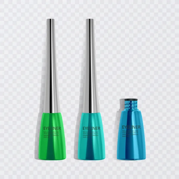 液体眼线笔, 一套明亮多彩的眼线笔, 产品样机为化妆品使用3d 插图, 隔离在 transperent 背景。矢量插图 — 图库矢量图片