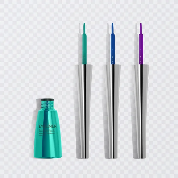Flüssige Eyeliner, ein Set leuchtend bunter Eyeliner, Produktattrappen für die kosmetische Anwendung in 3D-Illustration, isoliert auf transperentem Hintergrund. Vektorillustration — Stockvektor
