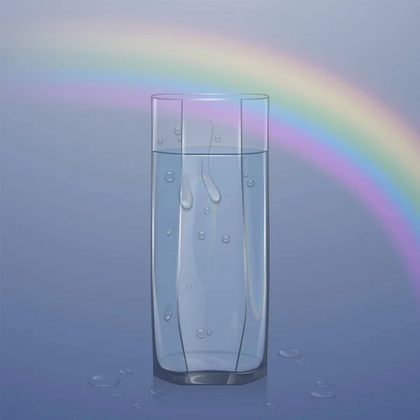 Vidrio realista lleno de agua sobre fondo claro, vidrio transparente con gotas de agua, ilustración vectorial — Vector de stock