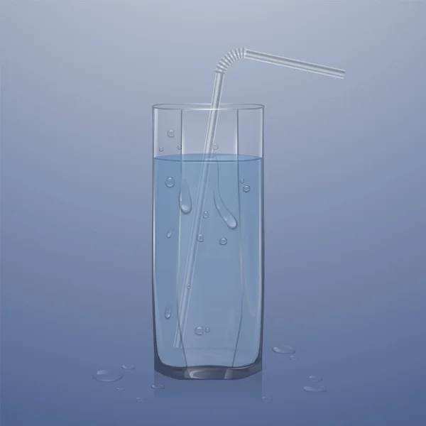 Vetro realistico riempito d'acqua su fondo chiaro, vetro trasparente con goccioline d'acqua, illustrazione vettoriale — Vettoriale Stock