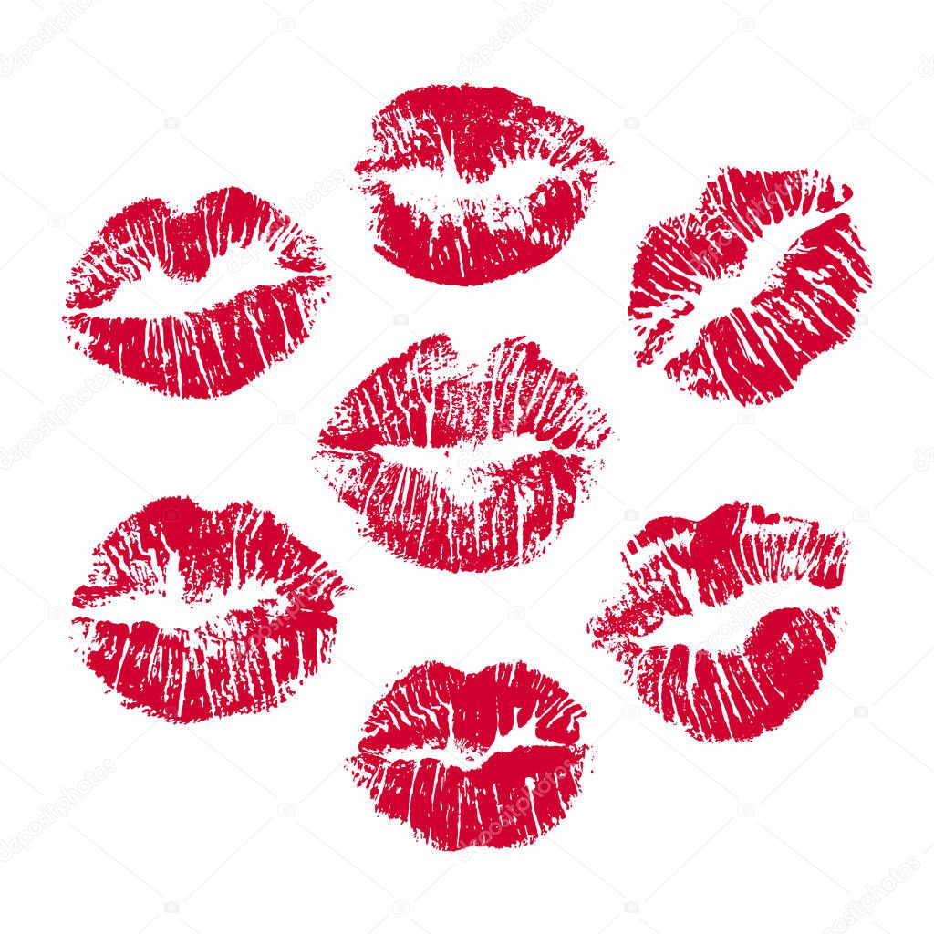 Set of red lip prints on white background, Red lips imprint for your design. Vector eps 10