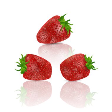 Beyaz arka plan üzerinde izole gerçekçi tatlı ve taze çilek kümesi. Taze meyve organik, resimde kırmızı tatlı çilek