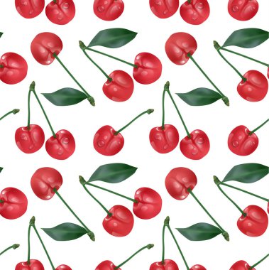 Kiraz seamless modeli. Tekstil, sarma, duvar kağıtları, vb için iyi. Beyaz arka plan üzerinde izole tatlı kırmızı olgun kiraz. Vektör çizim.