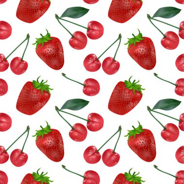 Kiraz ve çilek seamless modeli. Tekstil, sarma, duvar kağıtları, vb olgun kiraz ve çilek beyaz arka plan üzerinde izole için iyi. Vektör çizim.