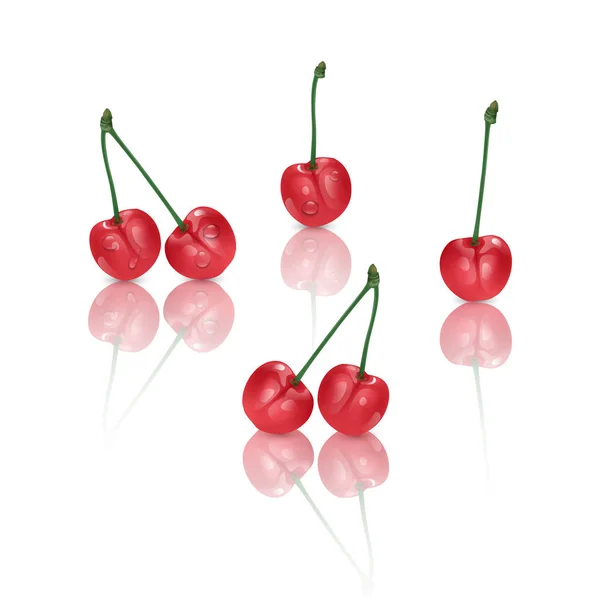 Conjunto de cerejas doces perfeitas isoladas em fundo branco. Ilustração vetorial — Vetor de Stock