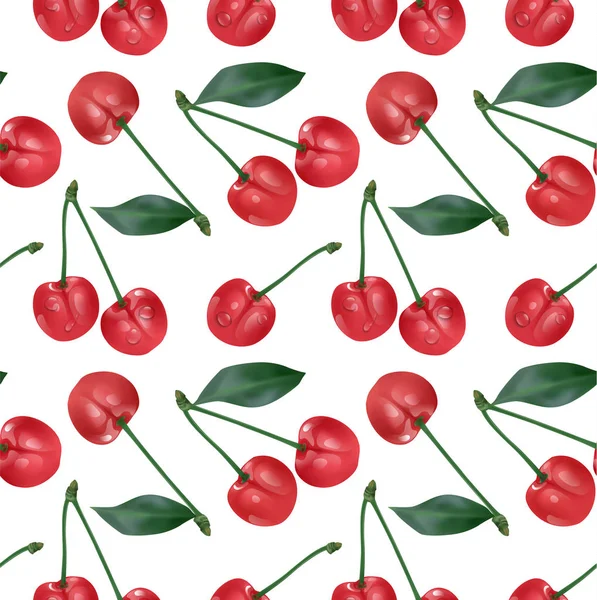Cherry modello senza cuciture. Buono per tessile, avvolgimento, sfondi, eccetera. Dolci ciliegie rosse mature isolate su fondo bianco. Illustrazione vettoriale . — Vettoriale Stock
