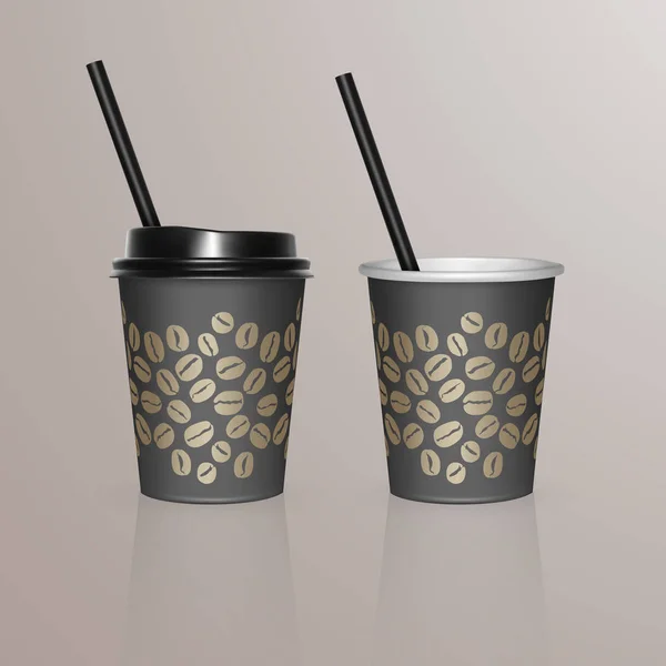 集咖啡杯-样板样板为咖啡厅, 餐饮品牌形象设计。黑色纸板咖啡杯样机。一次性塑料和纸餐具热饮料模板 — 图库矢量图片