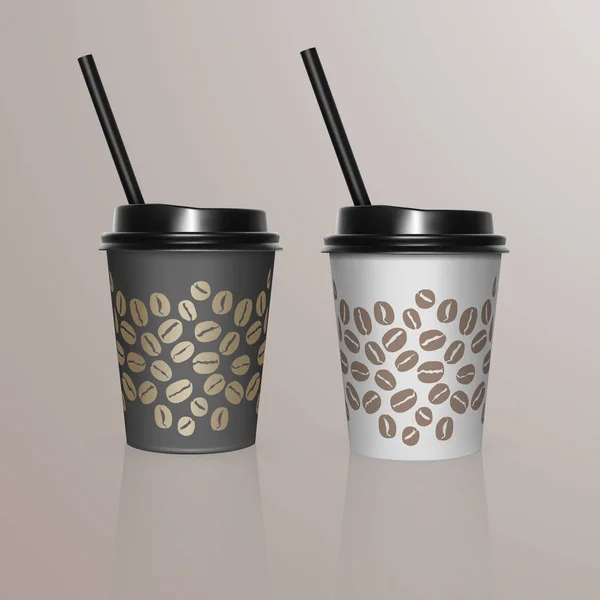 Set de taza de café - Plantilla de maqueta para Café, Diseño de identidad de marca de restaurante. Tazas de café de cartón blanco y negro Mockup. Plantilla desechable de vajilla de plástico y papel para bebidas calientes — Vector de stock