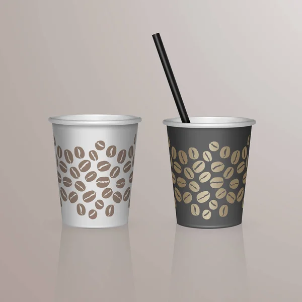 Set di tazza di caffè modello Mockup per Cafe, Restaurant brand identity design. Tazze di caffè in cartone bianco e nero Mockup. Modello di stoviglie monouso in plastica e carta per bevande calde — Vettoriale Stock