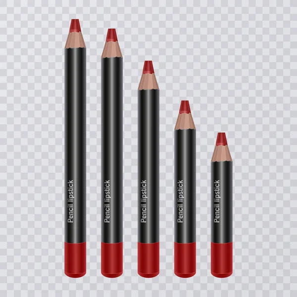 Aantal realistische lip potloden op transparante achtergrond, lip liners van helder rode kleur, vectorillustratie — Stockvector