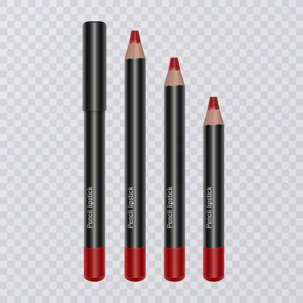 Conjunto de lápices de labios realistas sobre fondo transparente, delineadores de labios de color rojo brillante, ilustración vectorial — Vector de stock