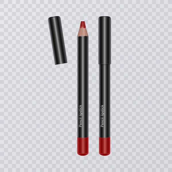 Conjunto de lápices de labios realistas sobre fondo transparente, delineadores de labios de color rojo brillante, ilustración vectorial — Vector de stock