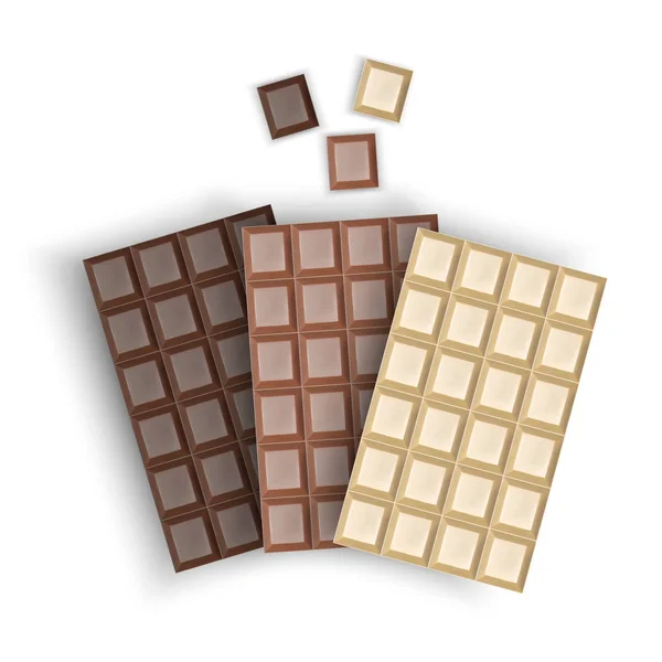 Ensemble de barres de chocolat réalistes, illustration vectorielle isolée, lait, barres de chocolat blanches et noires — Image vectorielle