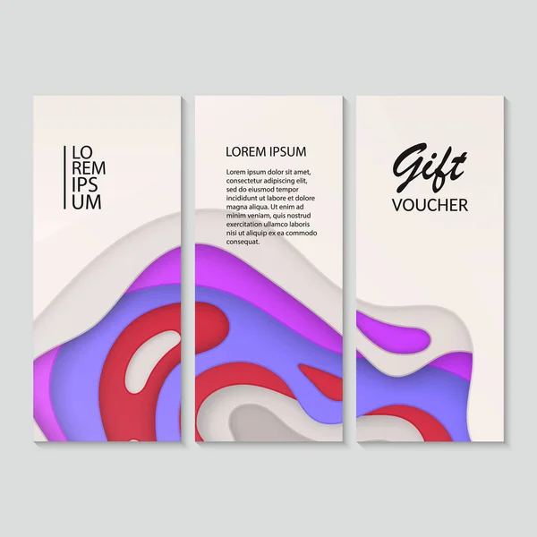 Conjunto de vales, certificado de regalo. diseño con colorido, fondo de corte de papel abstracto, ilustración vectorial — Vector de stock