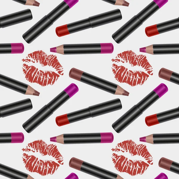 Vector, seamless pattern with realistic 3d lip pencils, product mockup, bright lip liners texture on white background — Stock Vector