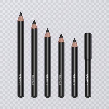 Set gerçekçi siyah eyeliner kalemler, vektör çizim şeffaf arka plan üzerinde