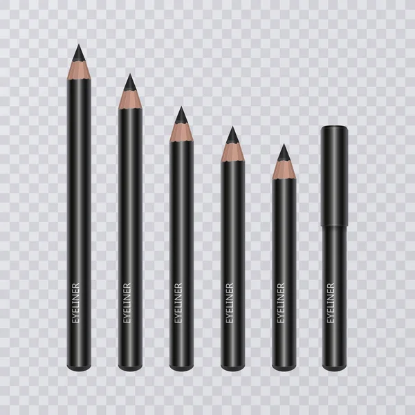 Aantal realistische zwarte eyeliner potloden, vectorillustratie op transparante achtergrond — Stockvector