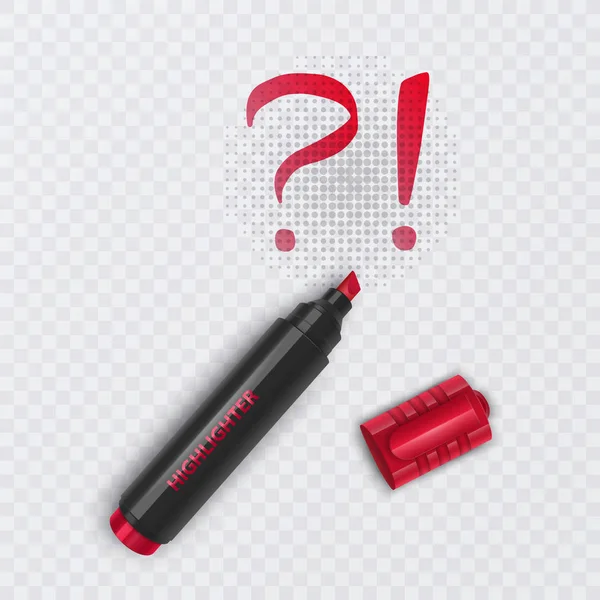 Marcador rojo realista con exclamación y signo de interrogación sobre fondo transparente, ilustración vectorial — Vector de stock
