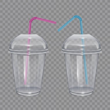 İçme pipetleri ile şeffaf plastik bardak. Smoothie veya limonata için. Saydam arka planda Vektör Çizimi.