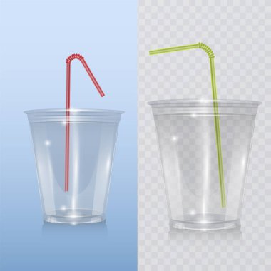 Milkshake ve limonata ve smoothie için gerçekçi plastik fincan. Vektör eps 10 Saydam arka plan üzerinde Çizim.
